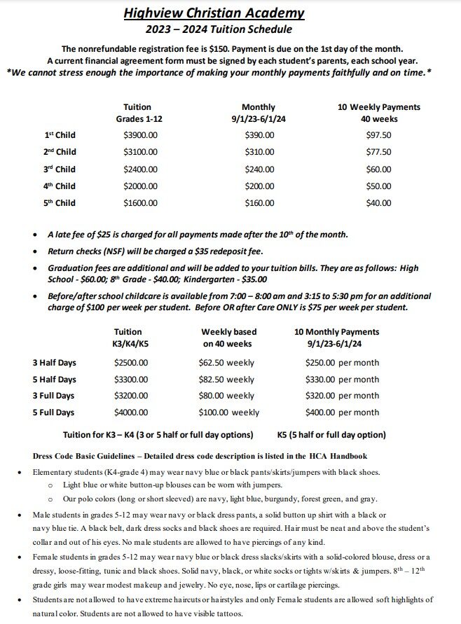 Tuition – Highview Christian Academy